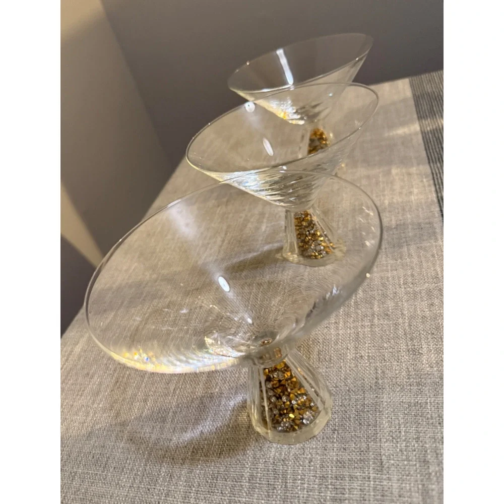 🍸✨ Set of 3 Martini Glasses w/ Gold & Clear Crystal-Style Filled Stems | 4.5”